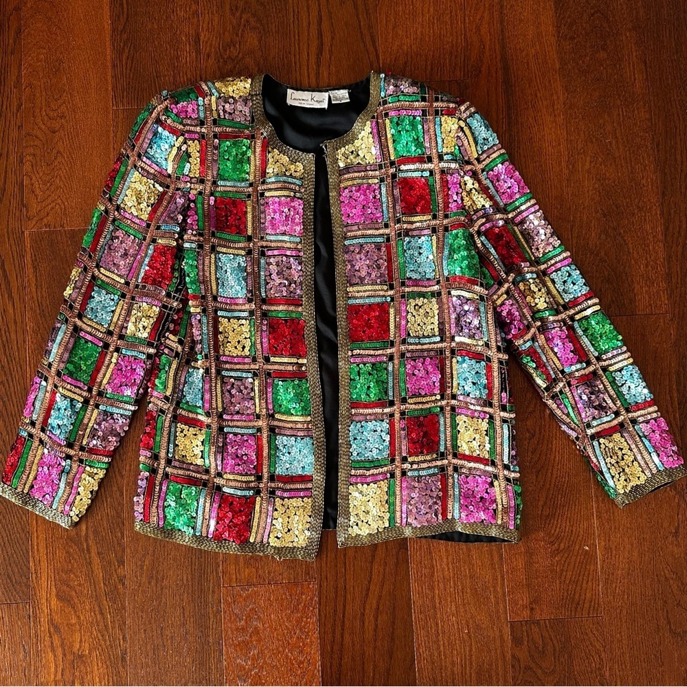 Vintage Sequin Jacket Windowpane Design by Laurence Kazar size Small